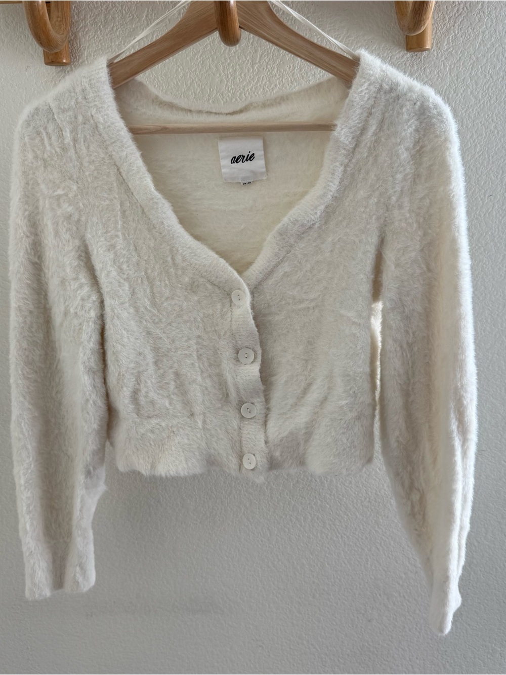 Aerie Y2K Cozy Fuzzy Cropped Cardigan White Cream Coquette Soft Girl size XS